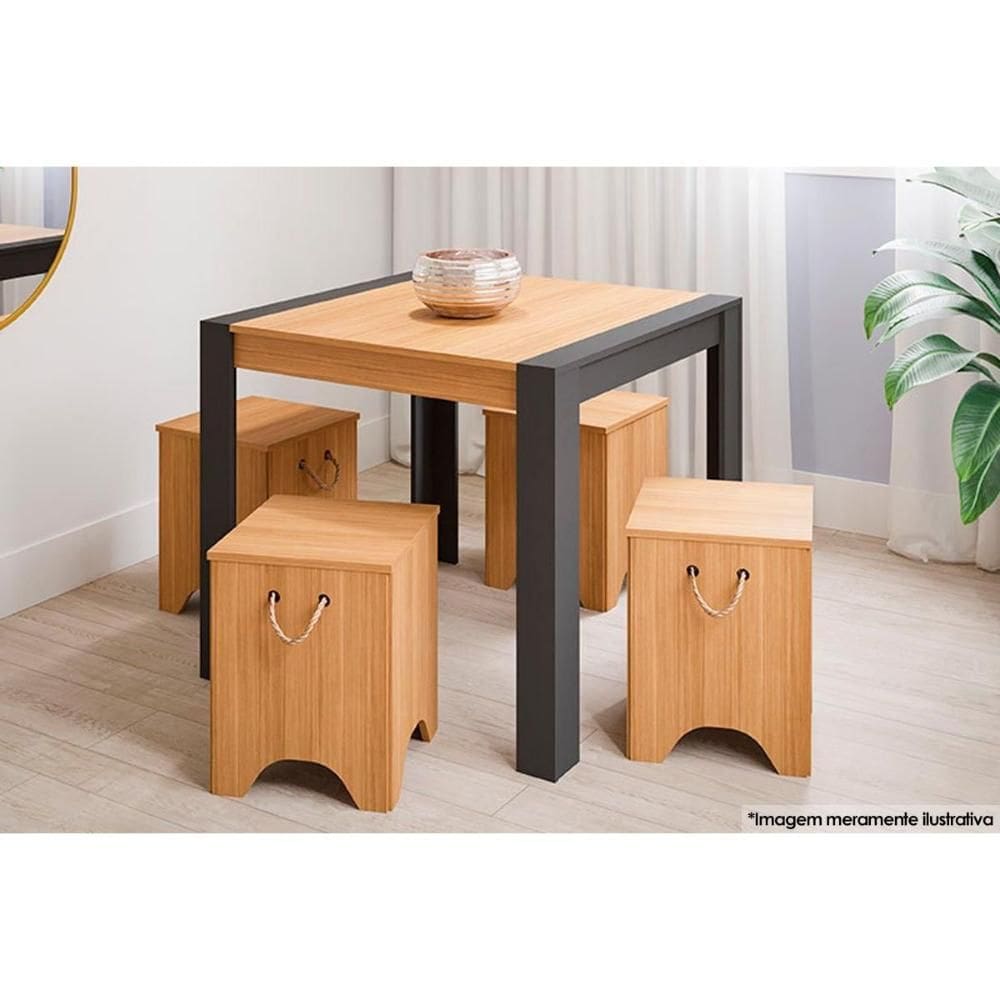 Conjunto: Mesa de Cozinha Grace Tampo Madeirado 90cm Canto Reto + 4 Bancos Kim Nature/Cinza - Cimol