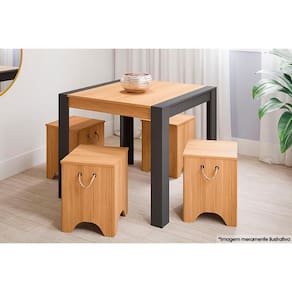 Conjunto: Mesa de Cozinha Grace Tampo Madeirado 90cm Canto Reto + 4 Bancos Kim Nature/Cinza - Cimol