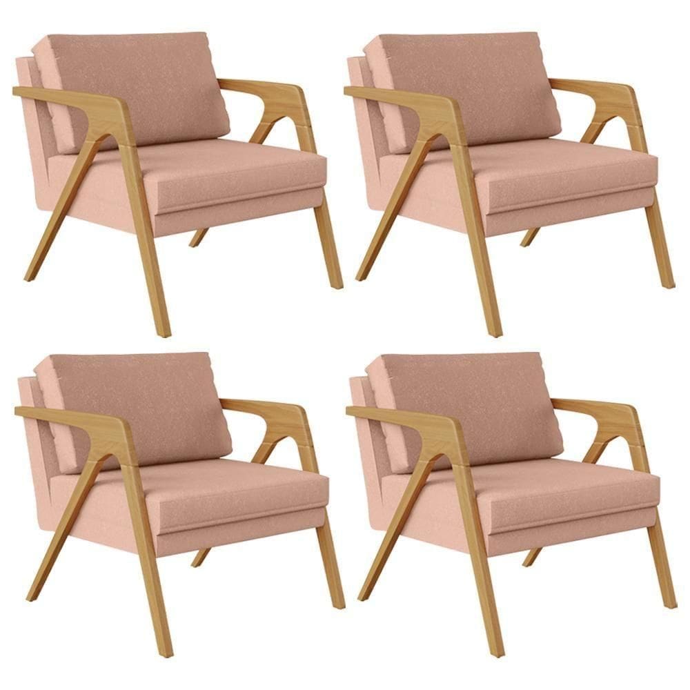 Kit 04 Poltronas Estrutura De Madeira L02 Linho Rosê
