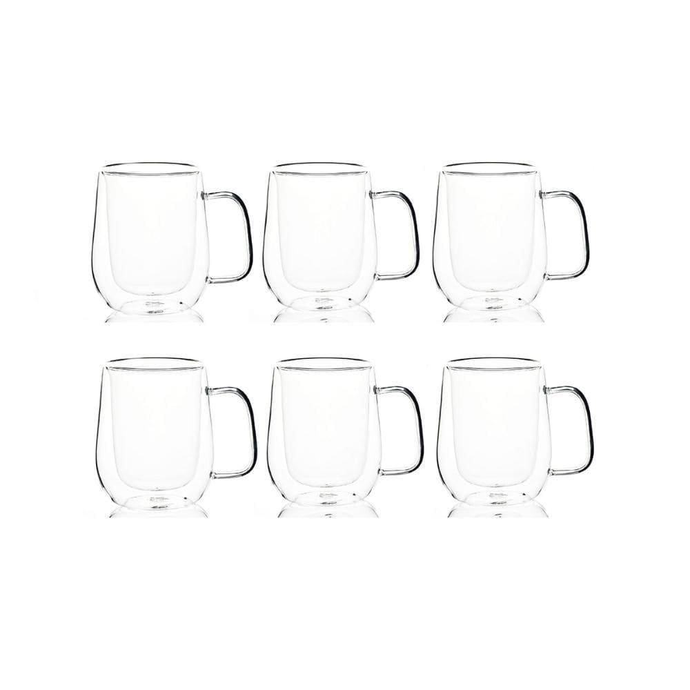 Jogo 6 Copos Parede Dupla Com Alça 350ml Borossilicato