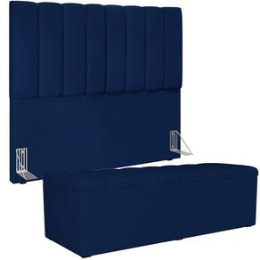 Kit Cabeceira Casal 140cm Calçadeira Baú Azul Marinho