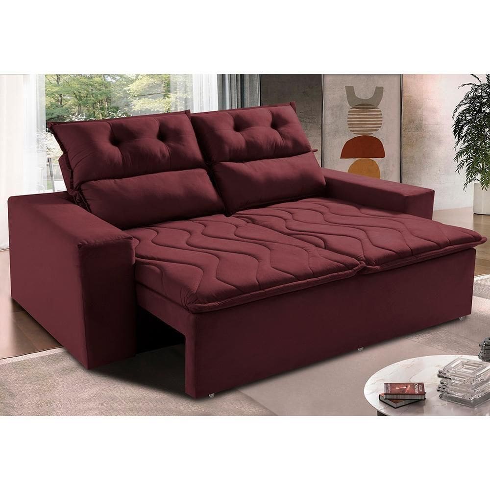 Sofá Retrátil E Reclinável 1,50m Cama Inbox Smal Com Bordado Pantográfico Suede Vinho