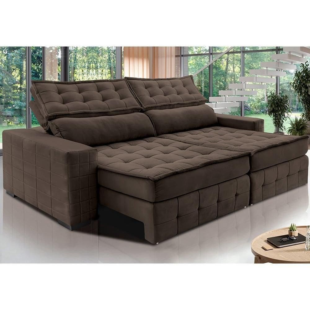 Sofá Retrátil E Reclinável 2,35M Cama Inbox Big Puffer Com SoftgelD40 Velupluma Café