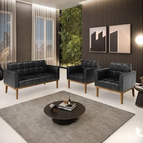 Conjunto 2 Poltronas E 1 Namoradeira Decorativa Pés Fixo Em Madeira Castanho Pu Preto Brilho