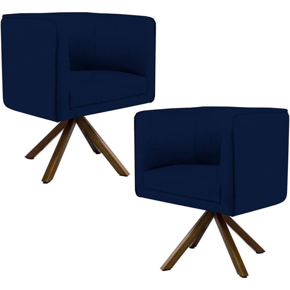 Kit 02 Poltronas Base Giratória Madeira Veludo Azul