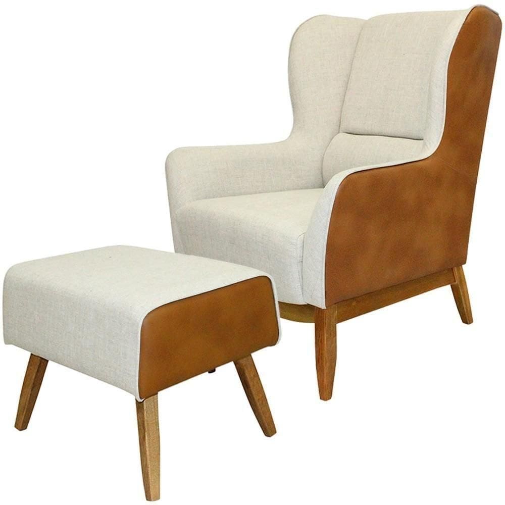 Kit Poltrona Com Puff Linho Bege A-184 Corano Marrom