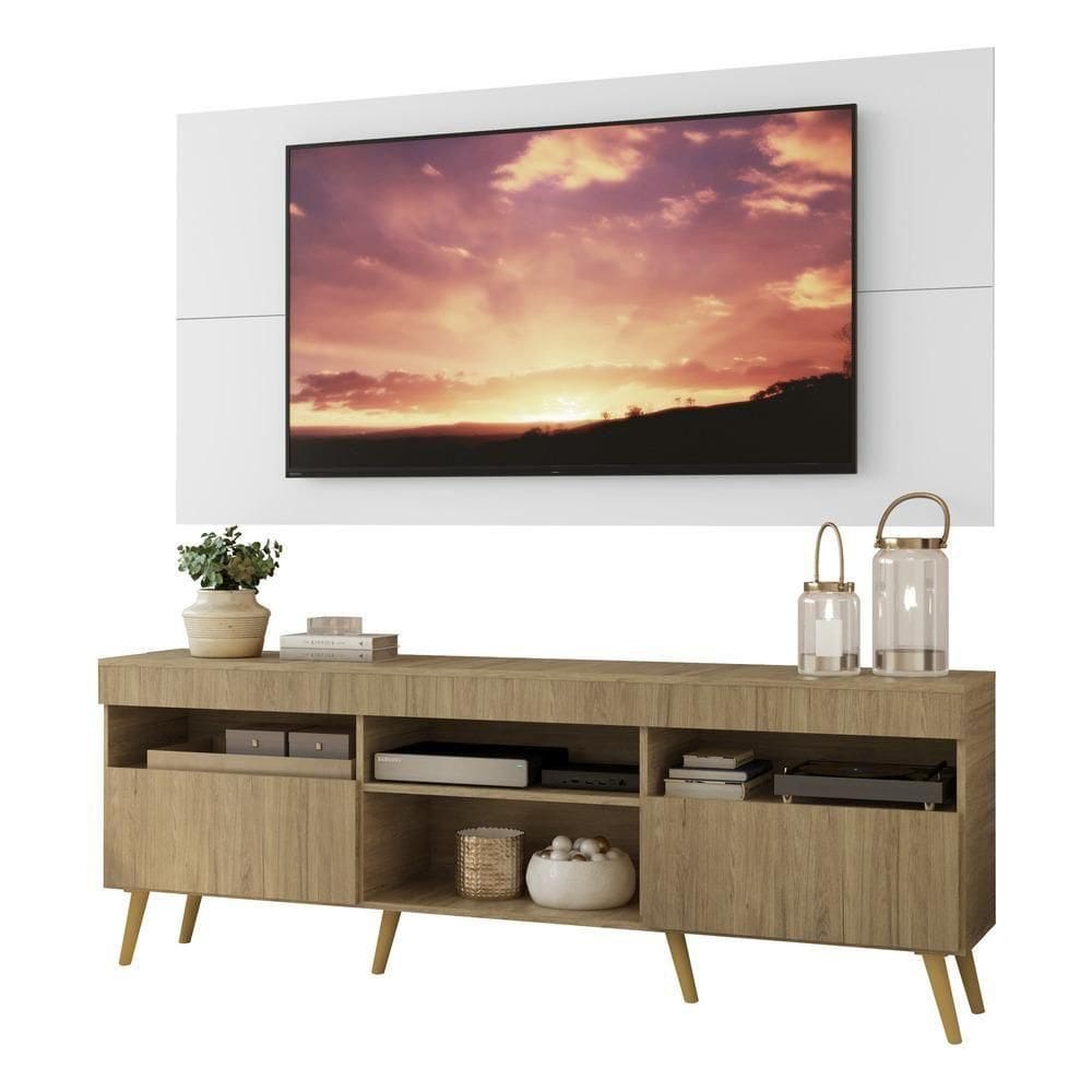 Rack Com Painel Tv 65” Retrô Londres Multimóveis V3337 Branco/Rustic/Natural Branco/Rustic/Natural