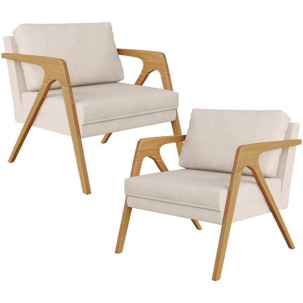 Kit 02 Poltronas Estrutura De Madeira Suede Bege
