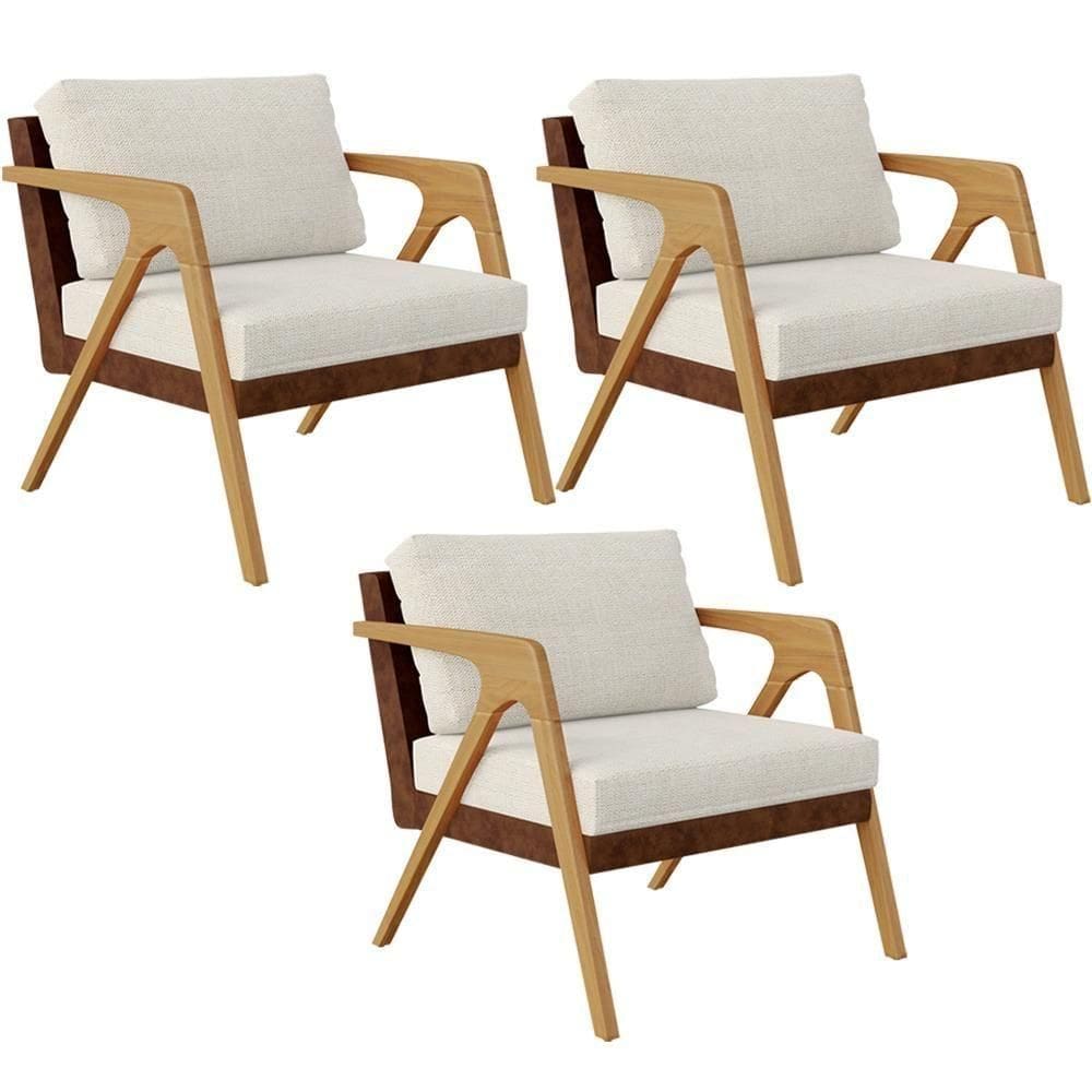 Kit 03 Poltronas Pietra L02 Marrom Linho Champagne
