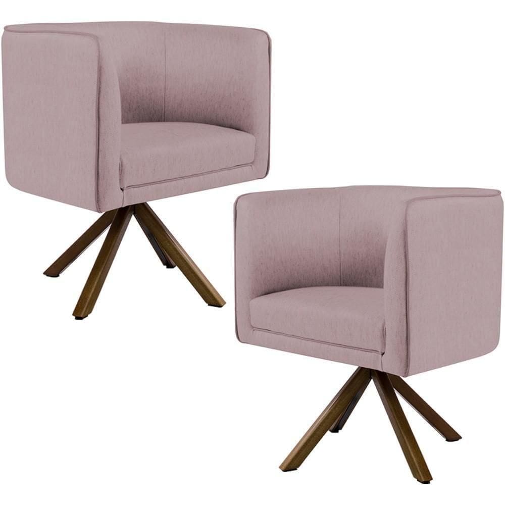Kit 02 Poltronas Base Giratória Madeira Veludo Rosê C-305