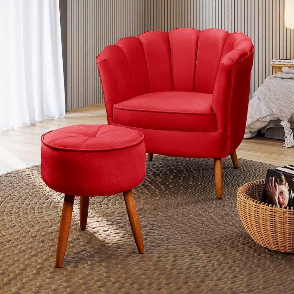 Poltrona Decorativa Com Pés De Madeira Vermelho