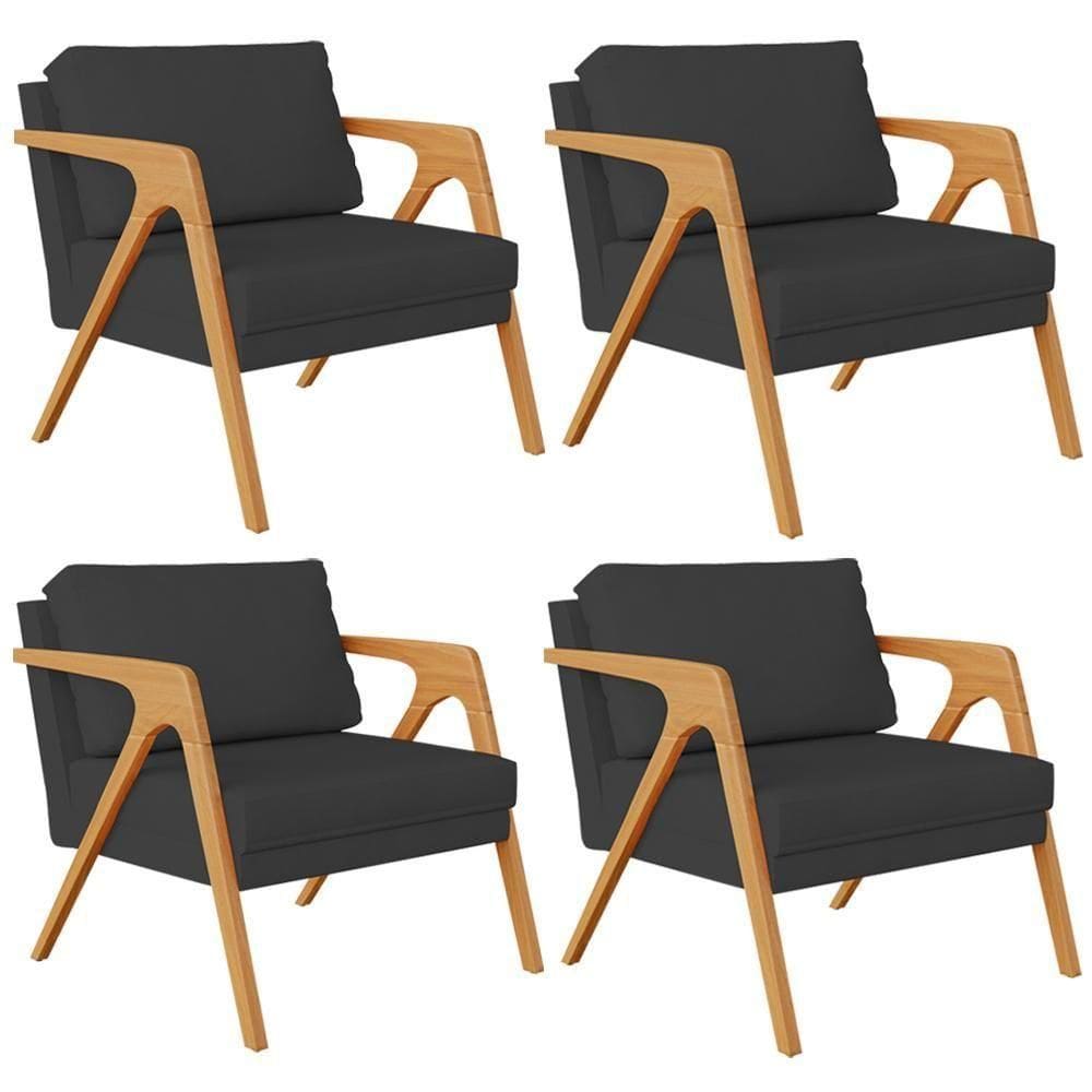 Kit 04 Poltronas Estrutura De Madeira L02 Suede Preto