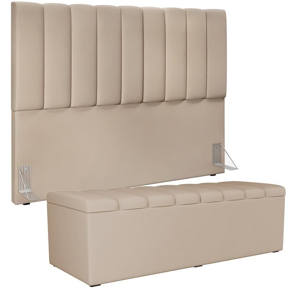 Kit Cabeceira Casal Queen 160cm C/Calçadeira Baú Suede Bege