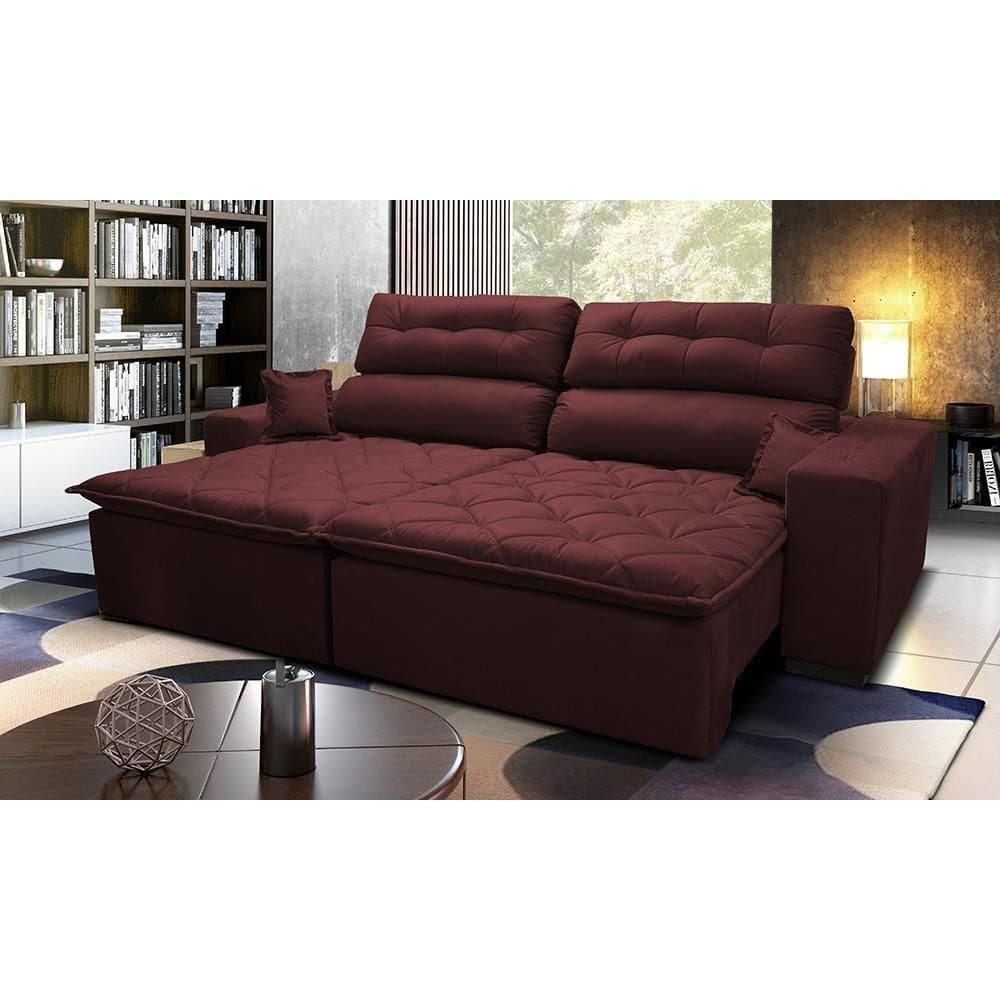 Sofá 2,02m Retrátil E Reclinável Com Molas Cama Inbox Confort Tecido Suede Velusoft Vinho
