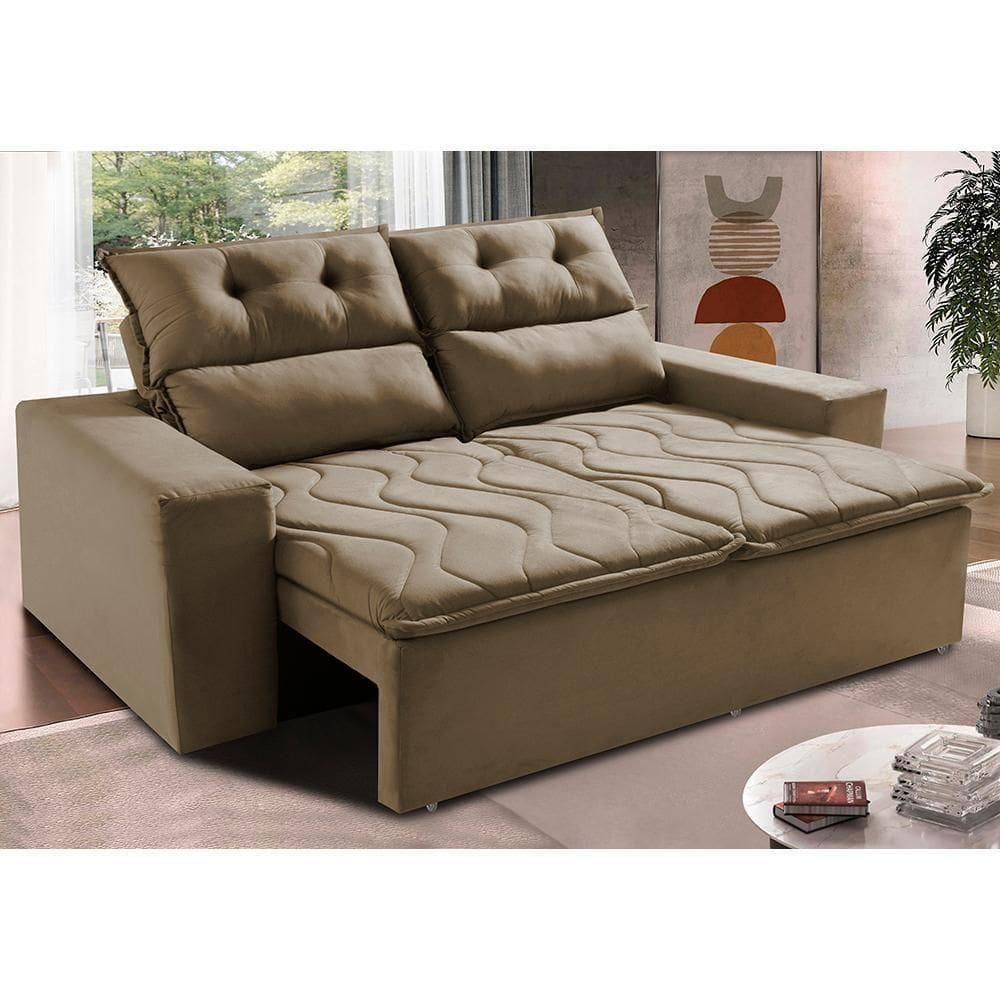 Sofá 3 Lugares Retrátil E Reclinável 1,80m Cama Inbox Smal Com Bordado Pantográfico Suede Castor
