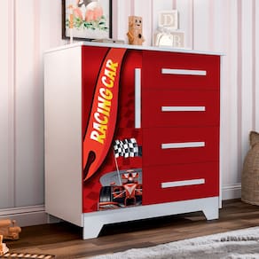 Cômoda Infantil Personagens 4 Gavetas 1 Porta Mdf - Vermelho