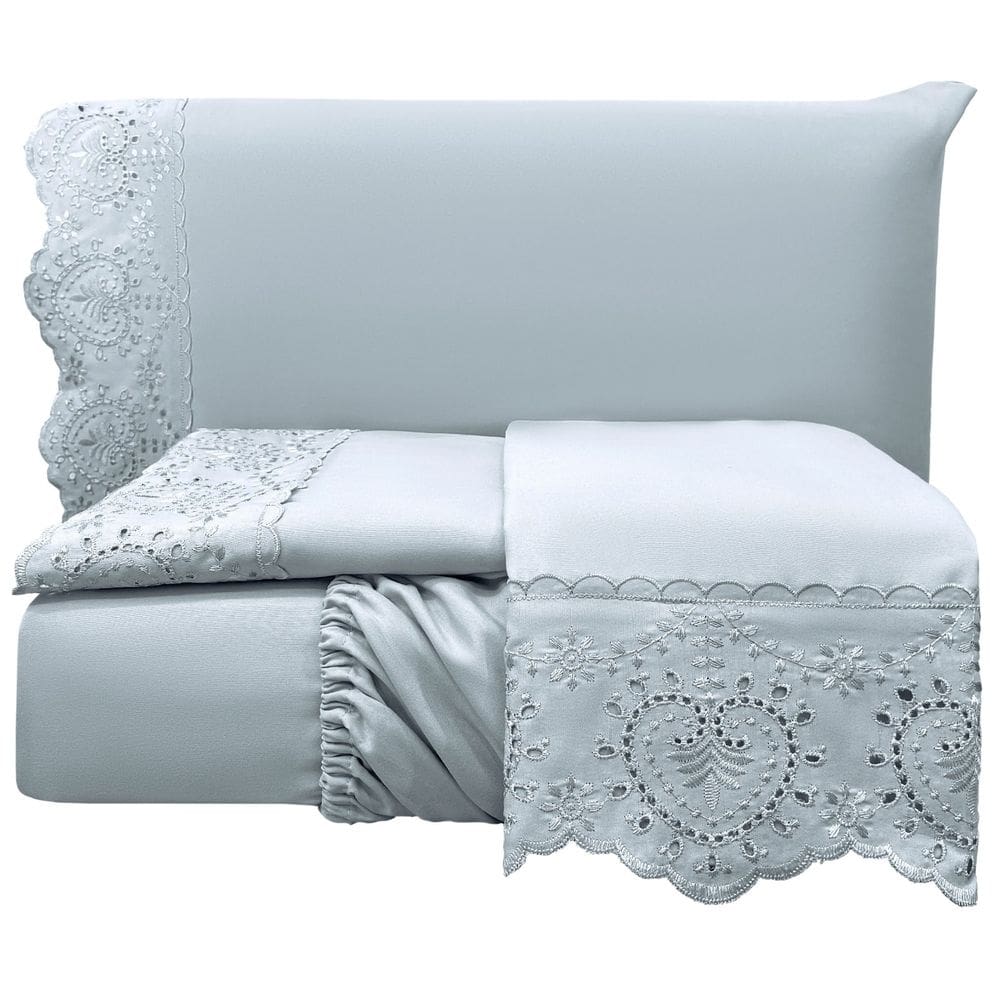 Jogo Lençol Casal Passione Bordado Inglês 4 pç Cinza
