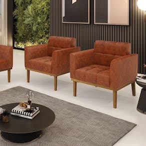Kit 2 Poltronas Decorativas Pés Fixo Em Madeira Castanho Pu Nozes