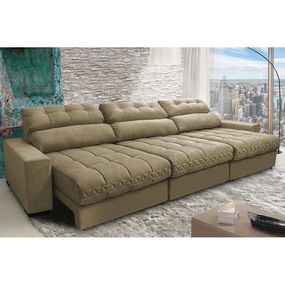 Sofá Retrátil E Reclinável Com Molas Ensacadas Cama Inbox Master 3,22m Tecido Suede Bege