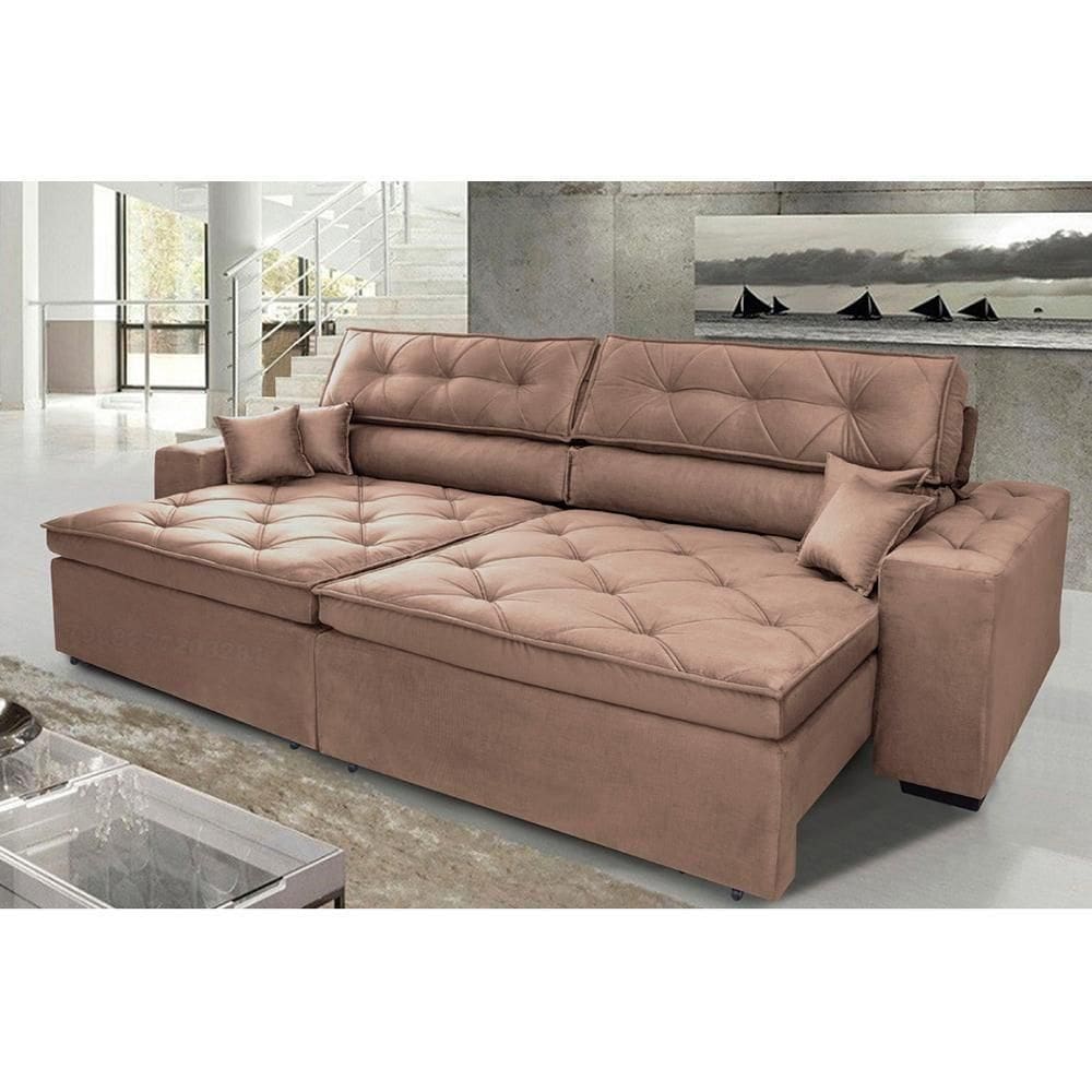 Sofá Austin 2,62m Retrátil, Reclinável Com Molas No Assento E Almofadas, Tecido Suede Castor