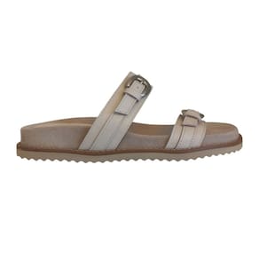 Sandália Birken Feminina Flat em Couro Off White Duas Fivelas