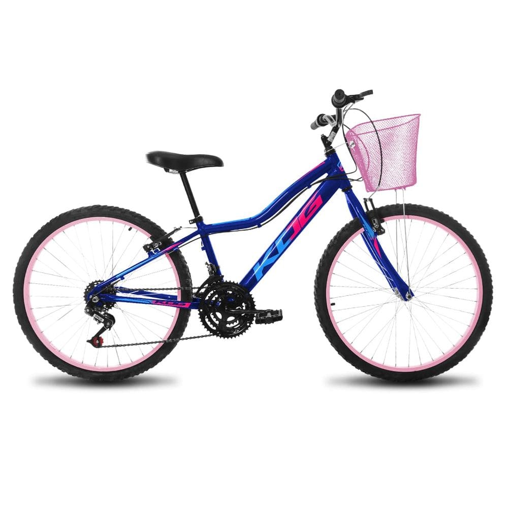 Bicicleta Infantil Aro 24 Feminina KOG Quadro Alumínio 18V Com Cestinha para Meninas Azul Signos Rosa