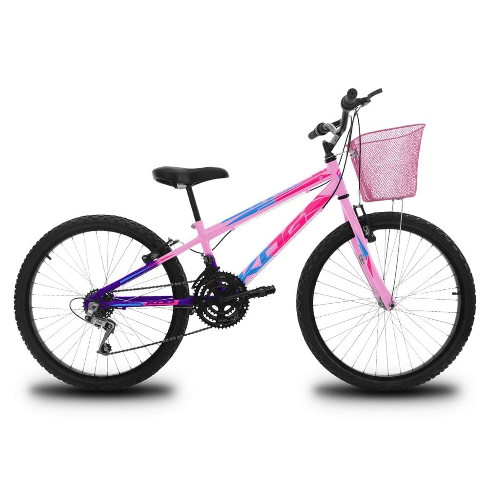 Bicicleta Infantil Aro 24 KOG Feminina 18 Marcha 3x8 Velocidades com Cestinha para Meninas Violeta Degrade Rosa
