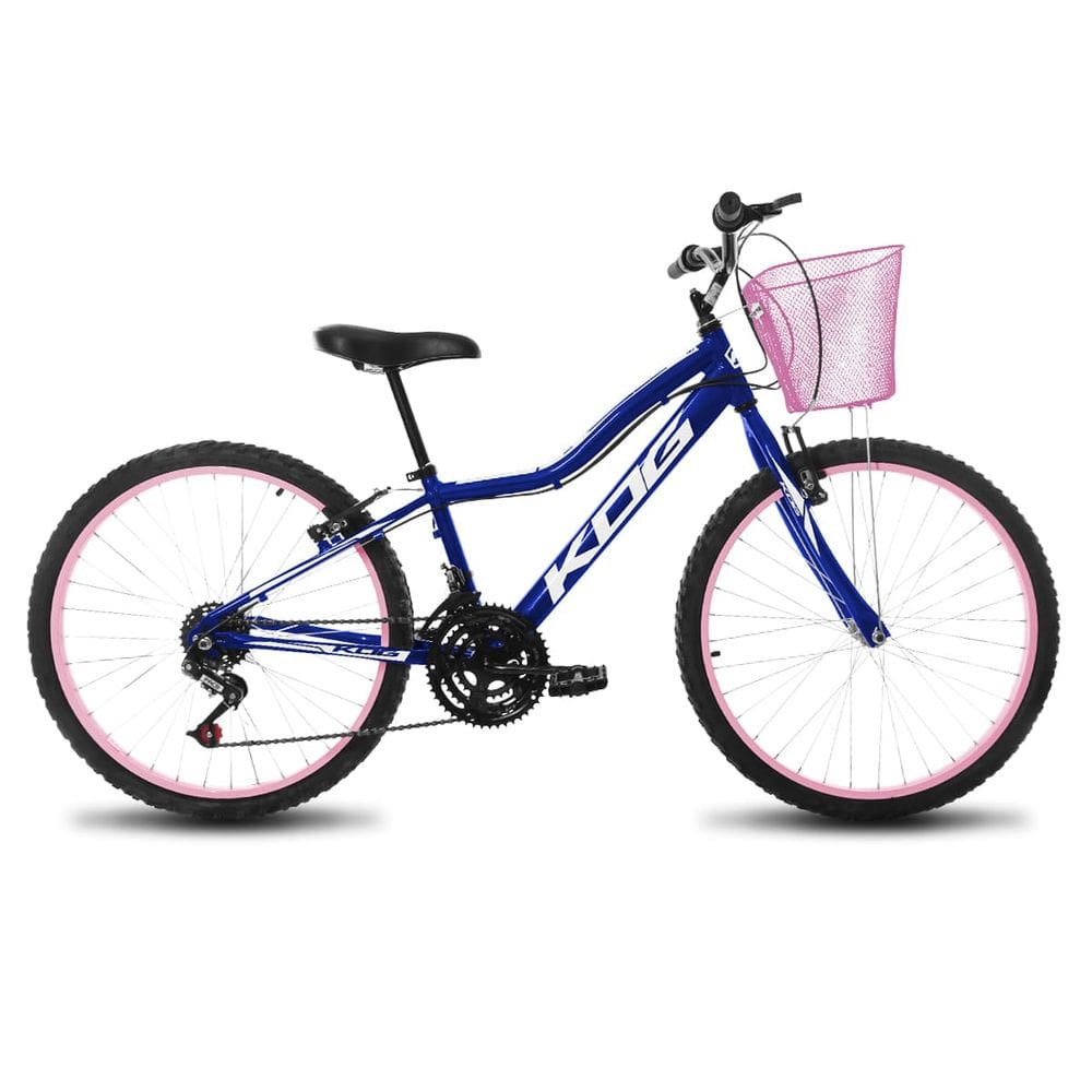 Bicicleta Infantil Aro 24 Feminina KOG Quadro Alumínio 18V Com Cestinha para Meninas Azul Signos Branco