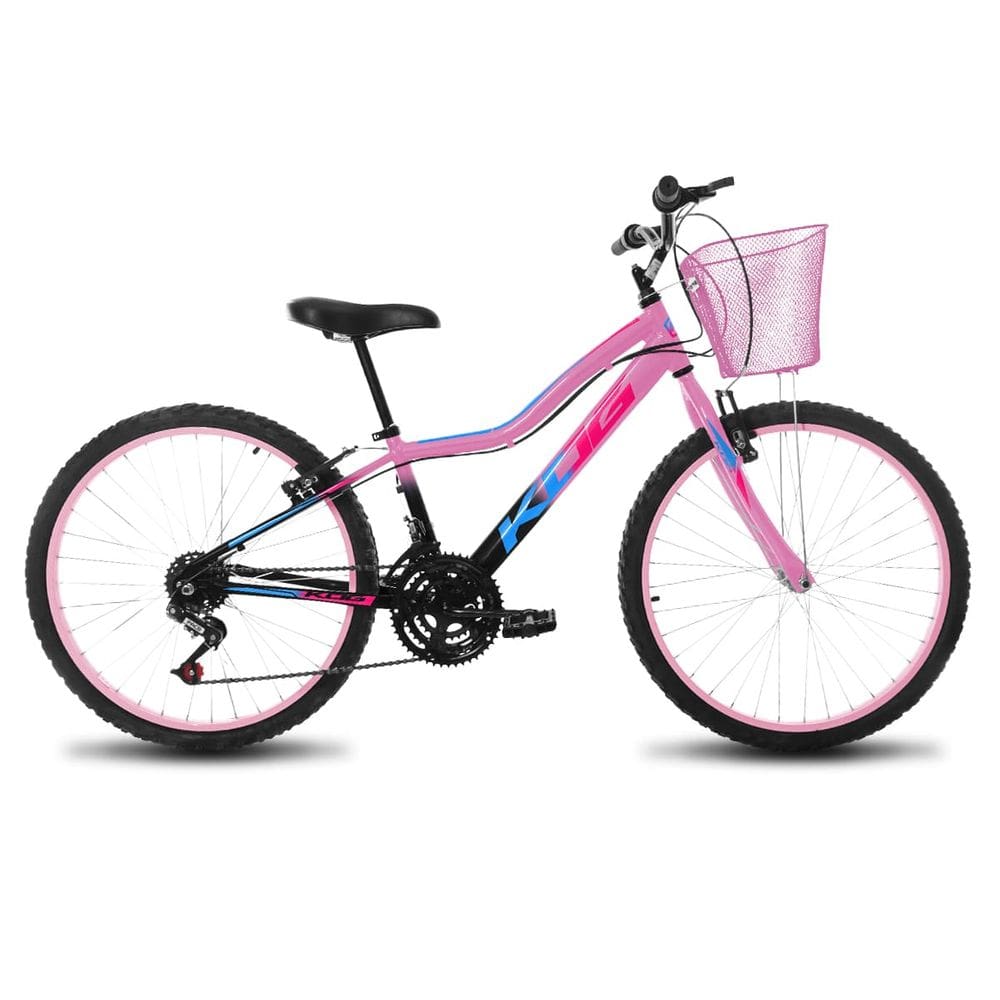 Bicicleta Infantil Aro 24 Feminina KOG Quadro Alumínio 18V Com Cestinha para Meninas Preto Degrade Rosa
