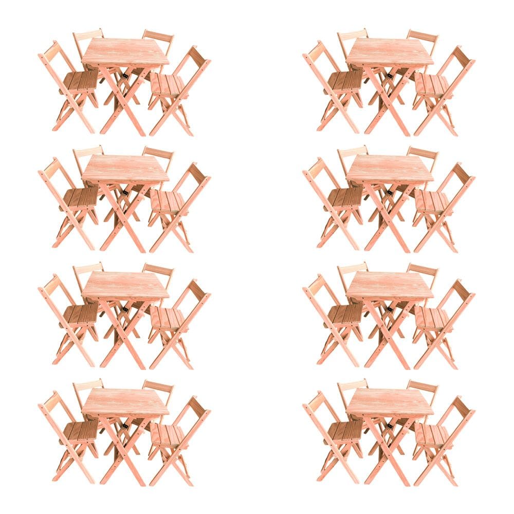 Kit 8 Conjuntos Mesa Dobrável 60x60cm Com 4 Cadeiras Em Madeira Maciça - Cru