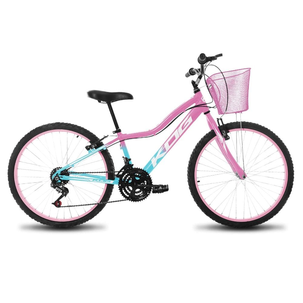 Bicicleta Infantil Aro 24 Feminina KOG Quadro Alumínio 18V Com Cestinha para Meninas Azul Degrade Branco