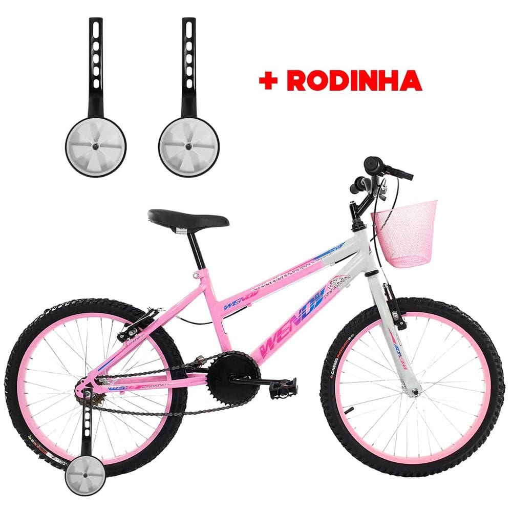 Bicicleta Infantil Aro 20 Feminina Com Rodinha Lateral e Cesta Freios V-Brake Wendy Para Meninas Rosa Branco