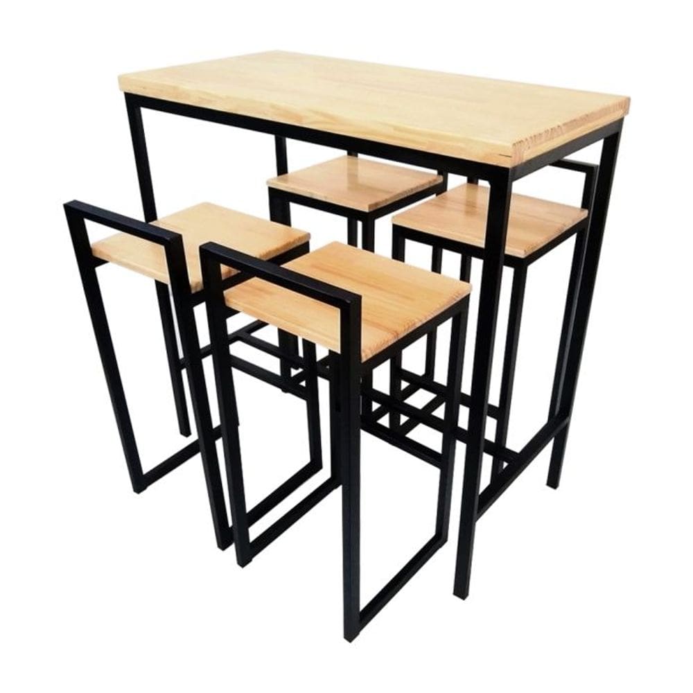 Conjunto Mesa Bistrô Industrial 1m Pinus Com 4 Banquetas Industrial Taburete