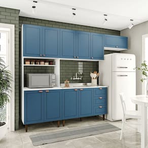 Cozinha Pérola com 4 Peças Paneleiro/torre Quente Aéreo 3 Portas Balcão 120 e Basculante Yescasa Branco/Azul