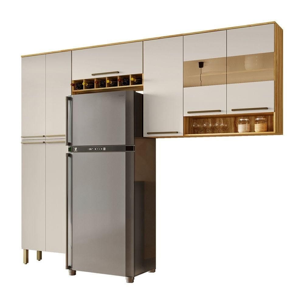 Cozinha Modulada 3 Peças 8 Portas c/ Vidro Napoli Móveis Rio Doce Amêndoa/Off White