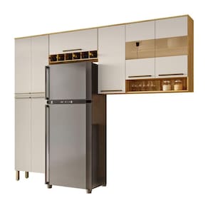 Cozinha Modulada 3 Peças 8 Portas c/ Vidro Napoli Móveis Rio Doce Amêndoa/Off White