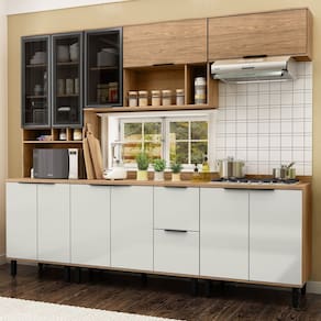 Cozinha Modulada Toscana 5 Peças Mdf com Aéreo 1200 Porta de Vidro e Paneleiro com Tampo Freijó/Off White