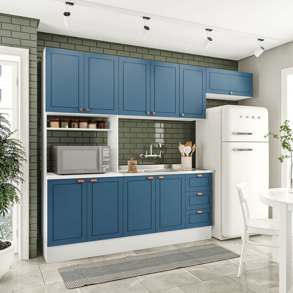 Cozinha Pérola com Rodapé 4 Peças Paneleiro/torre Quente Aéreo 3 Portas Balcão 120 e Basculante Yesc Branco/Azul