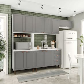 Cozinha Pérola com Tampo 4 Peças Paneleiro/torre Quente Aéreo 3 Portas Balcão 120 e Basculante Yesca Branco/Cinza