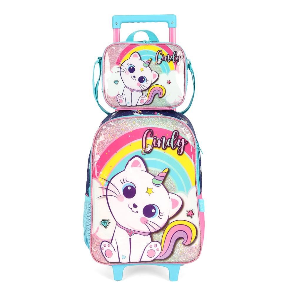 Kit Mochila Rodinhas Lancheira Luxcel Cindy Azul