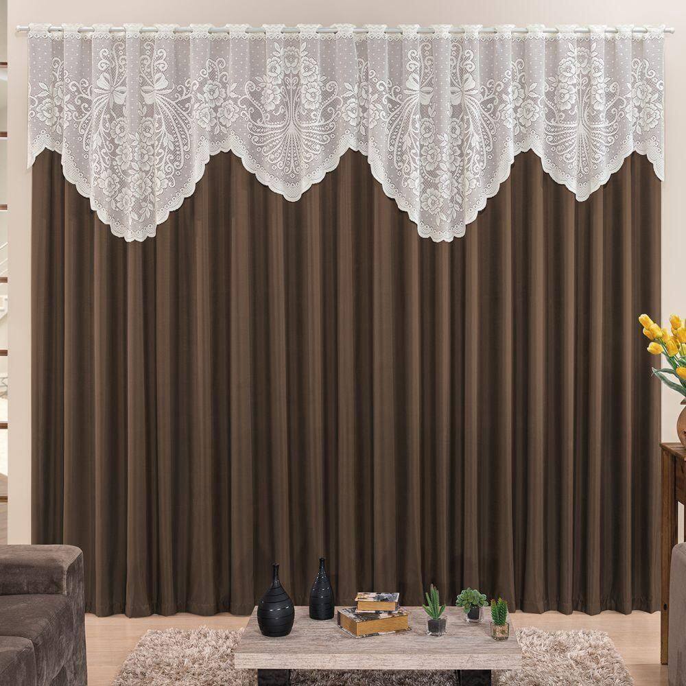 Cortina 4,00m X 2,50m Momento Sala Quarto Renda Com Microfibra P Varão Tabaco
