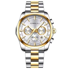 Relógio Masculino De Pulso Quartzo Multifunção Esportivo Em Aço Inoxidável Impermeavel Branco Dourado