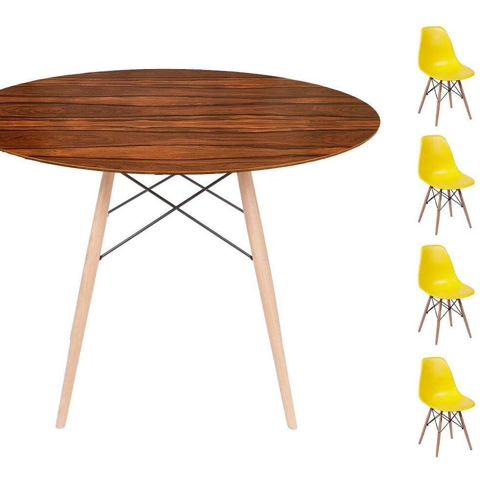 Conjunto Mesa Eames Eiffel Dsw Redonda Pau Ferro 120cm + 4 Cadeiras Eames Dsw - Amarela