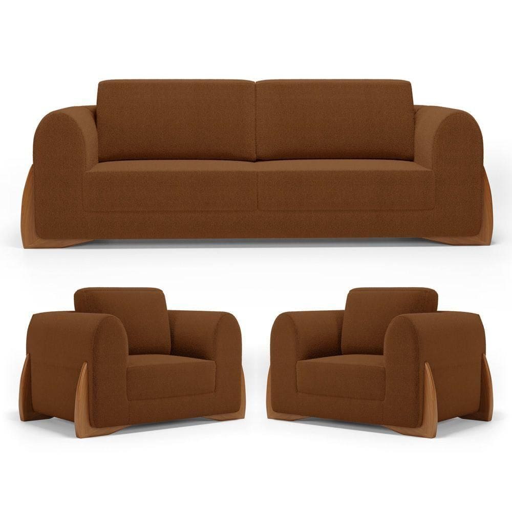 Kit 02 Poltronas E 01 Sofá Bloom 180cm 02 Lugares Com Pés De Madeira Bouclê Terracota - Desk Design