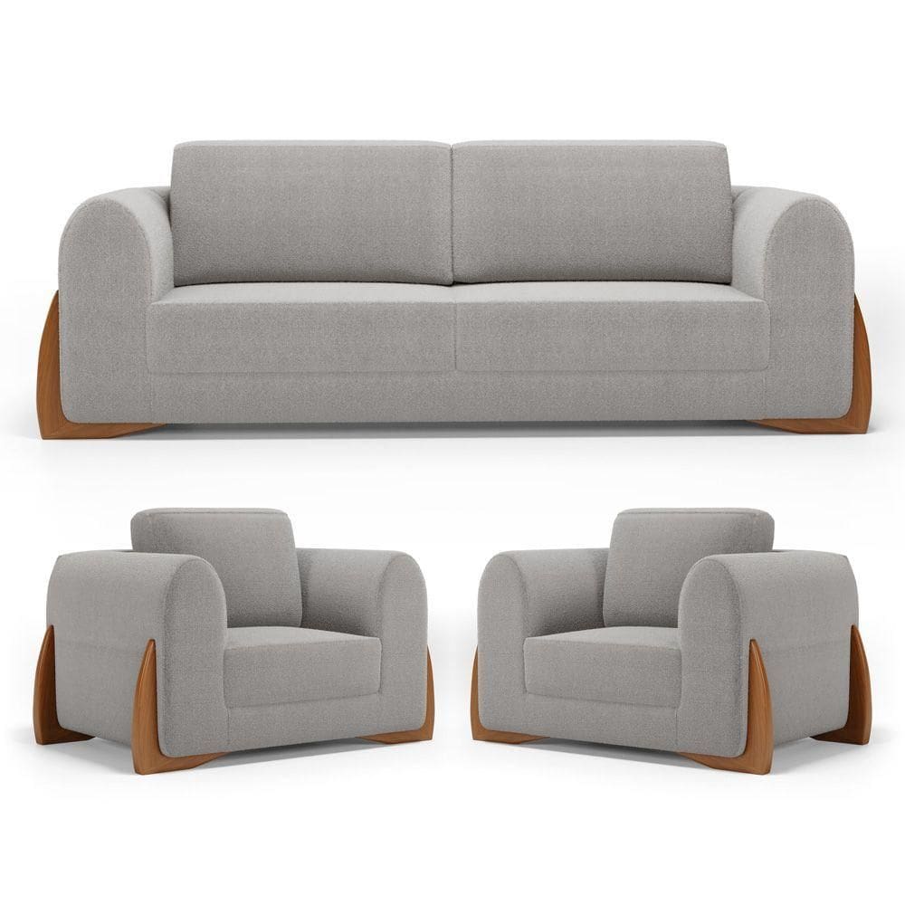 Kit 02 Poltronas E 01 Sofá Bloom 220cm 03 Lugares Com Pés De Madeira Bouclê Cinza - Desk Design