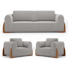 Kit 02 Poltronas E 01 Sofá Bloom 160cm 02 Lugares Com Pés De Madeira Bouclê Cinza - Desk Design