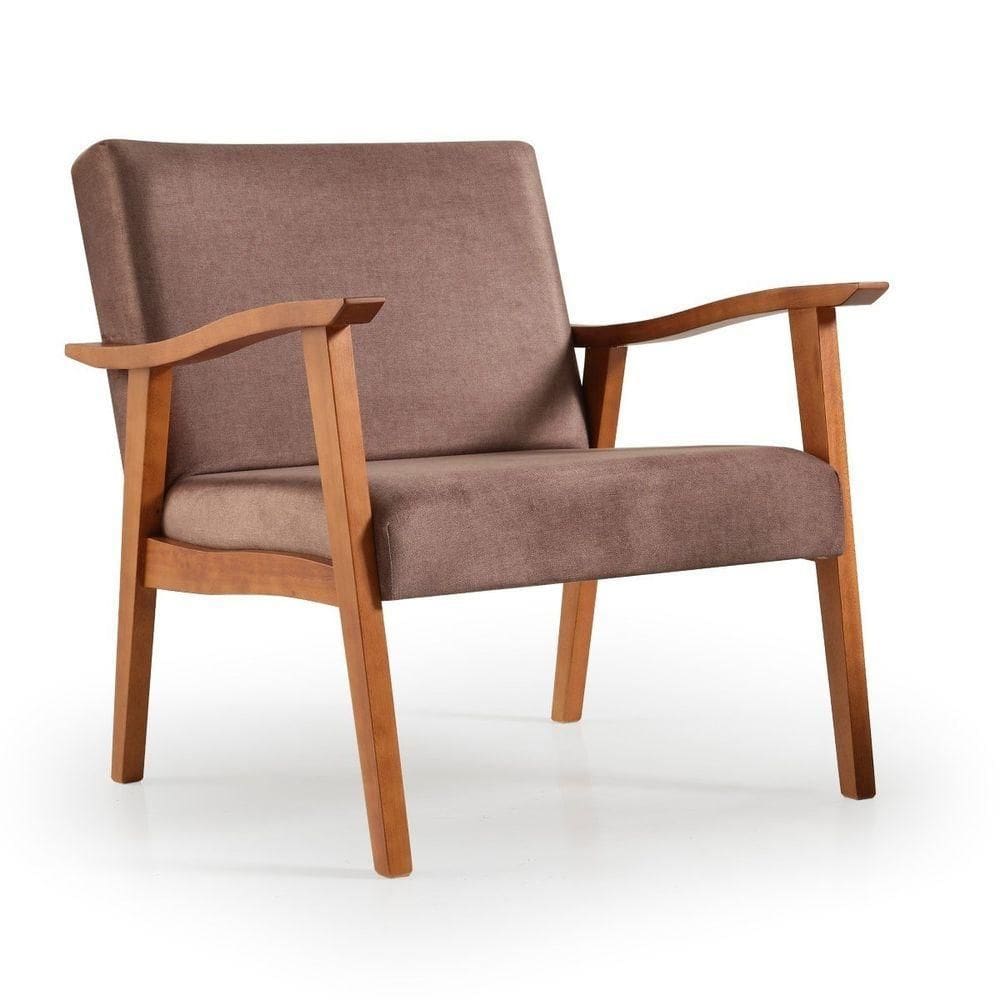 Poltrona Munique Madeira Maciça Nogueira Suede Marron Platinado