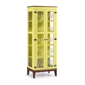 Cristaleira De Madeira Maciça 2 Portas - Amarelo Lemon - Fundo Amarelo Lemon