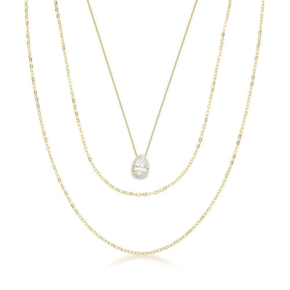 Colar Triplo Com Pingente De Gota Em Zircônia E Banho De Ouro 18k