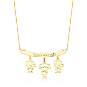 Colar Filhos Meus Amores Banhados A Ouro 18k - Dois Meninos E Uma Menina